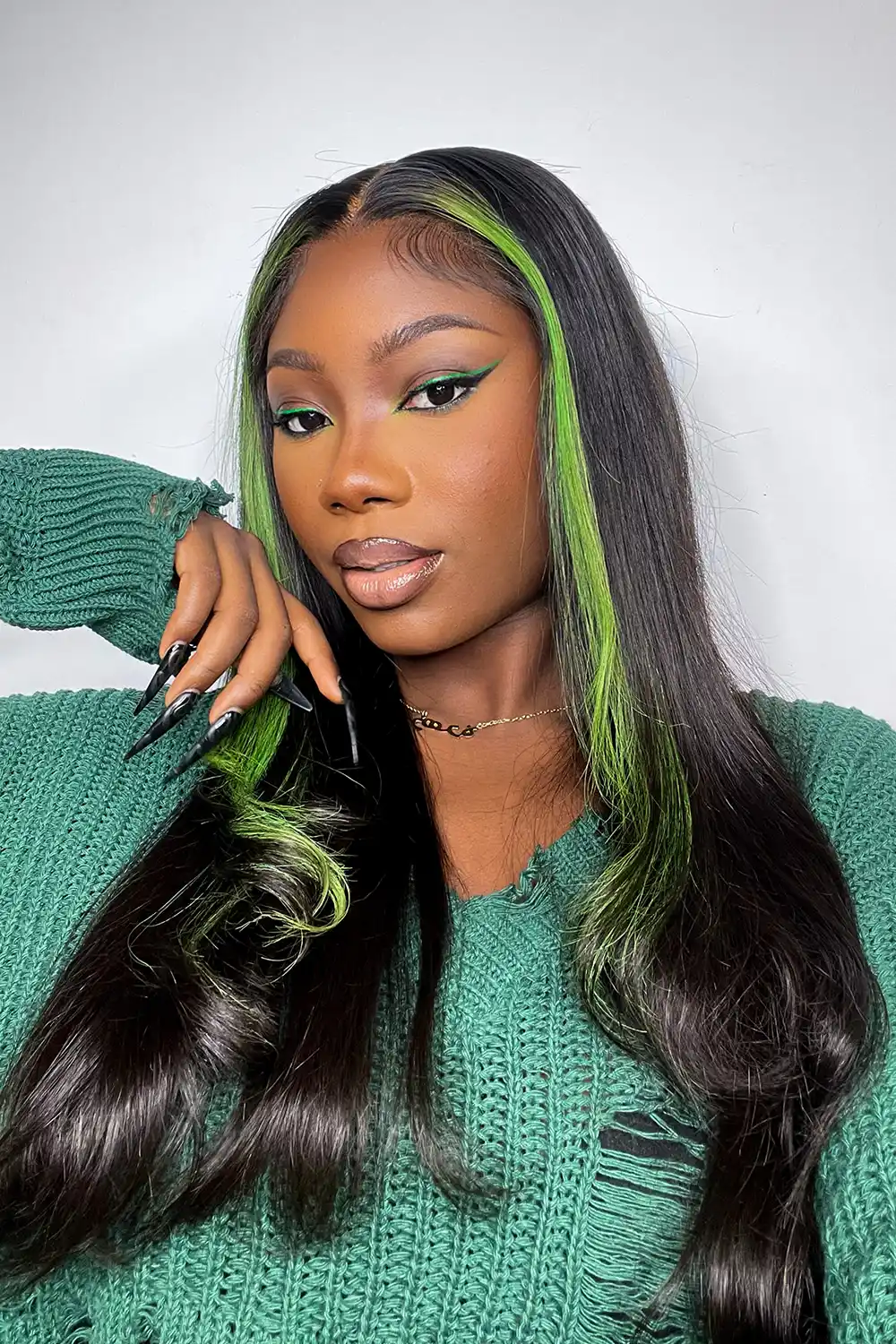Layered Wolf Cut Green Skunk Stripe Wig Glueless HD Lace Frontal Straight - Image 2