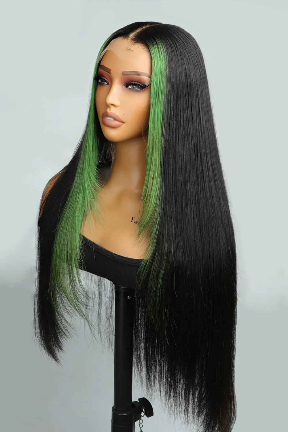 Layered Wolf Cut Green Skunk Stripe Wig Glueless HD Lace Frontal Straight - Image 3