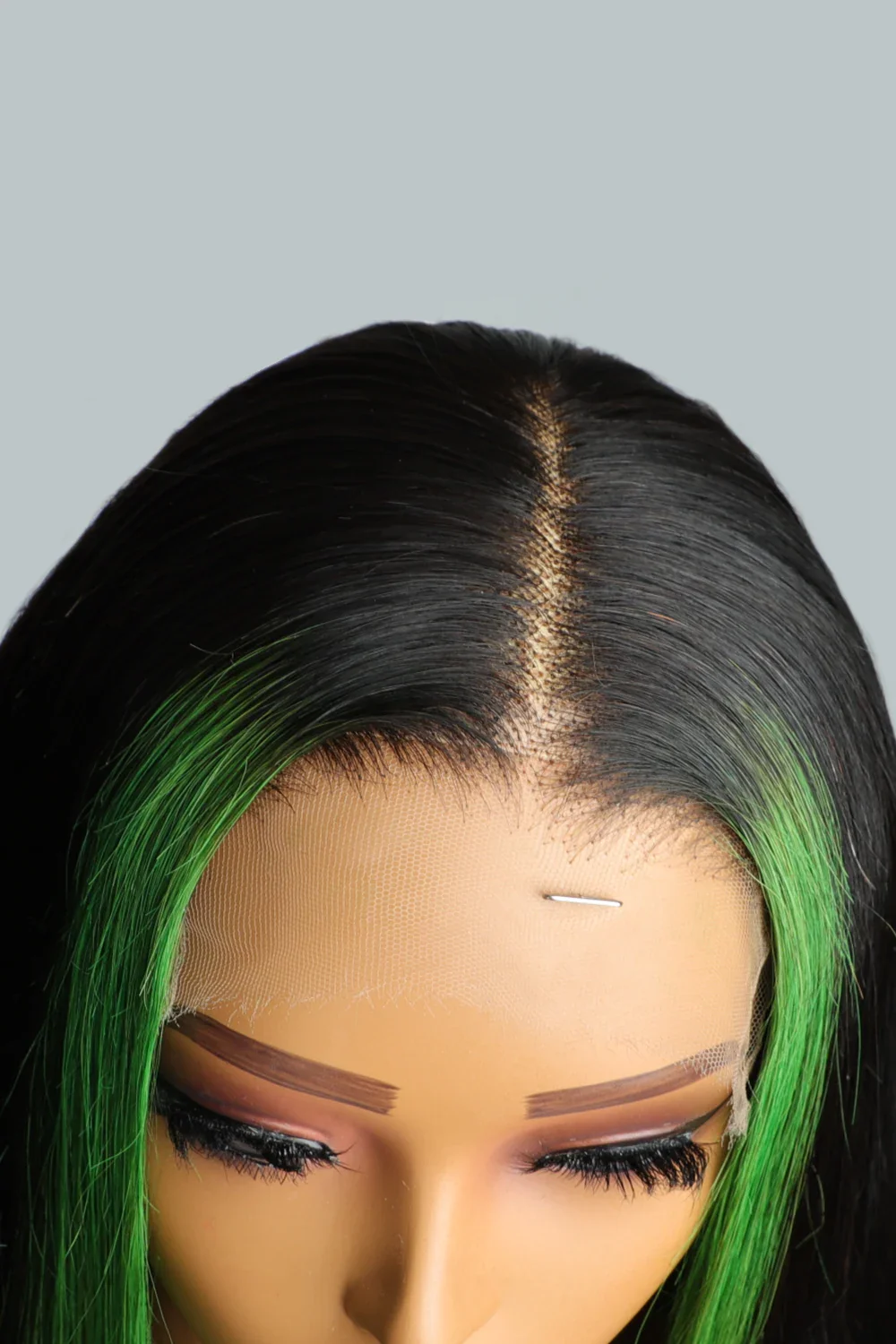 Layered Wolf Cut Green Skunk Stripe Wig Glueless HD Lace Frontal Straight - Image 5
