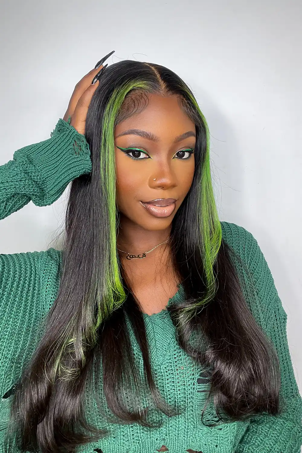 Layered Wolf Cut Green Skunk Stripe Wig Glueless HD Lace Frontal Straight - Image 6