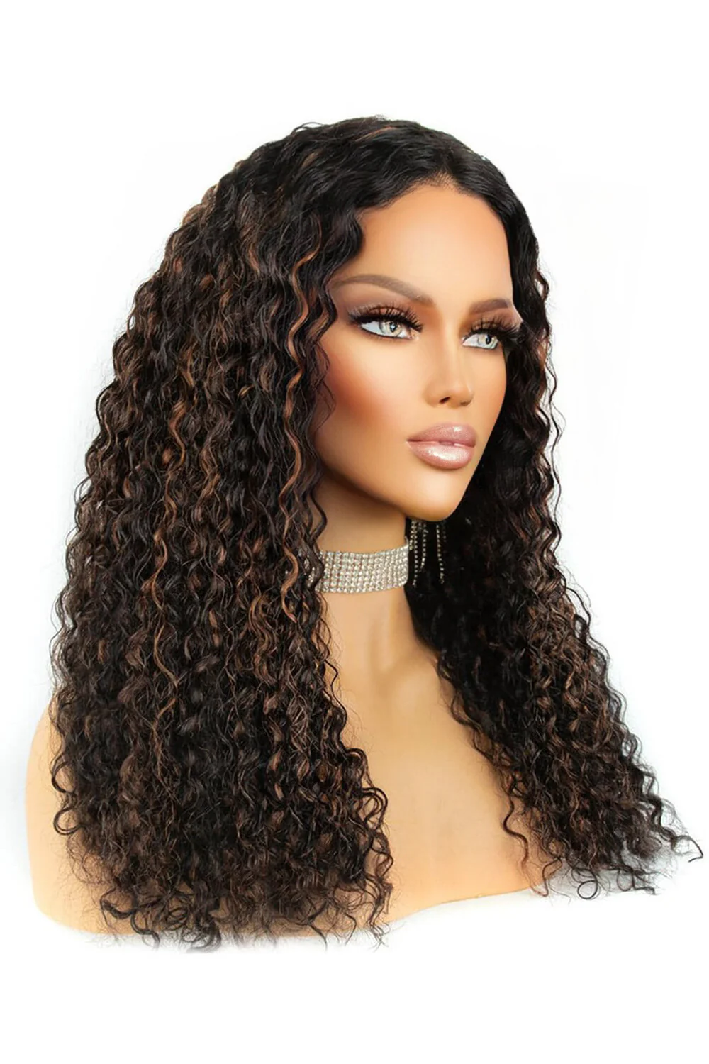 T Part Lace Wig Highlight Brown Curly-TP14 - Image 2