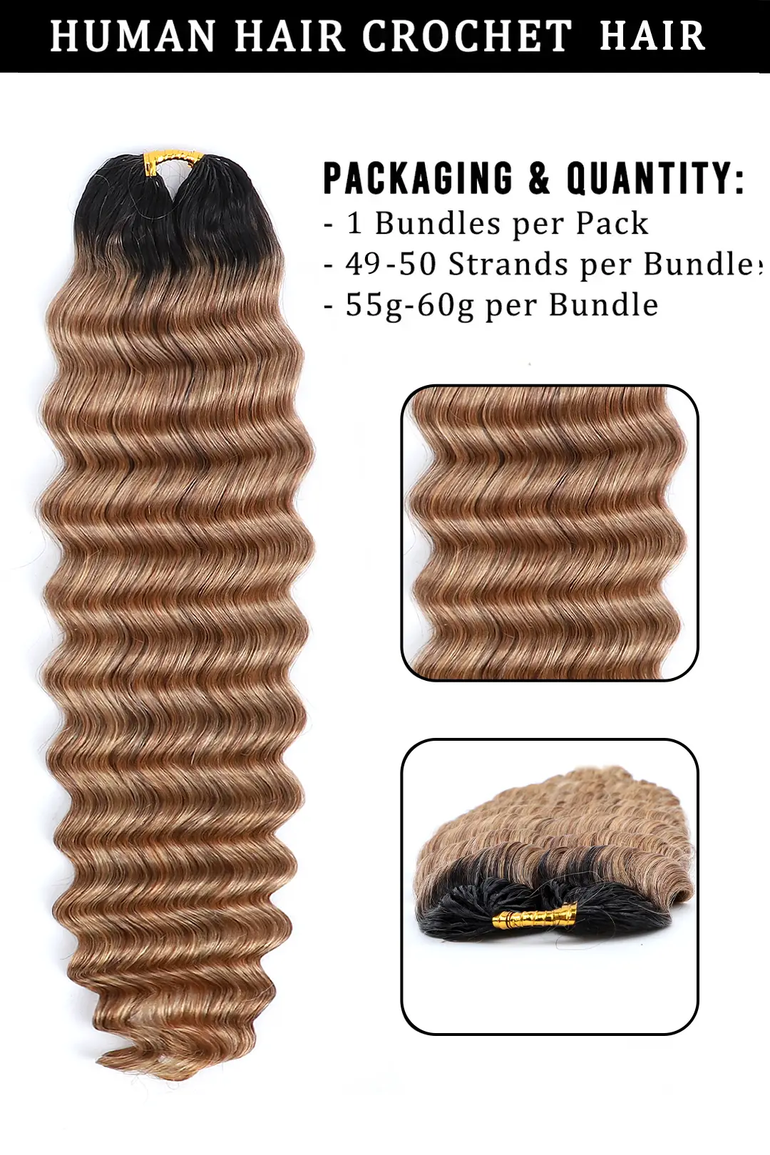 Honey Blonde Ombre Deep Wave Feather Crochet Hair - T1B/27 Human Hair - Image 5