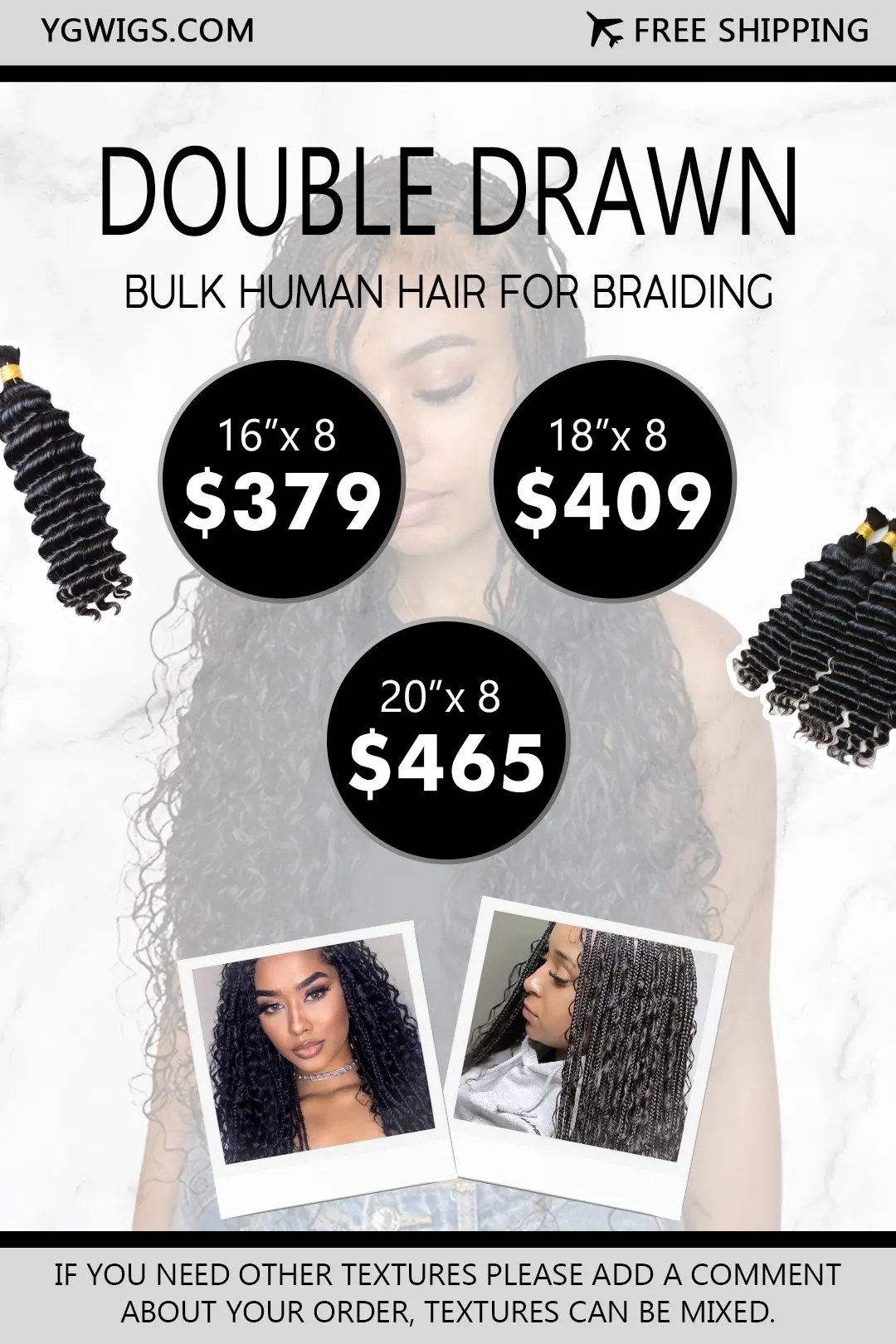 Ygwigs 8-Pack Double Drawn Bulk Hair Kit 8 Curly Styles Natural Black