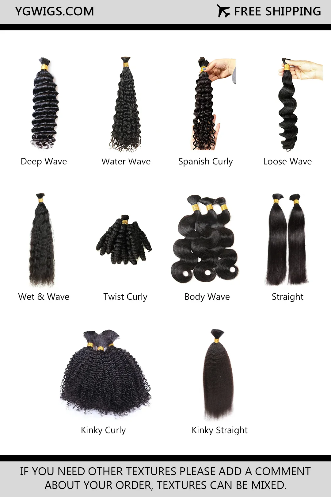 Ygwigs 8-Pack Double Drawn Bulk Hair Kit 8 Curly Styles Natural Black - Image 3